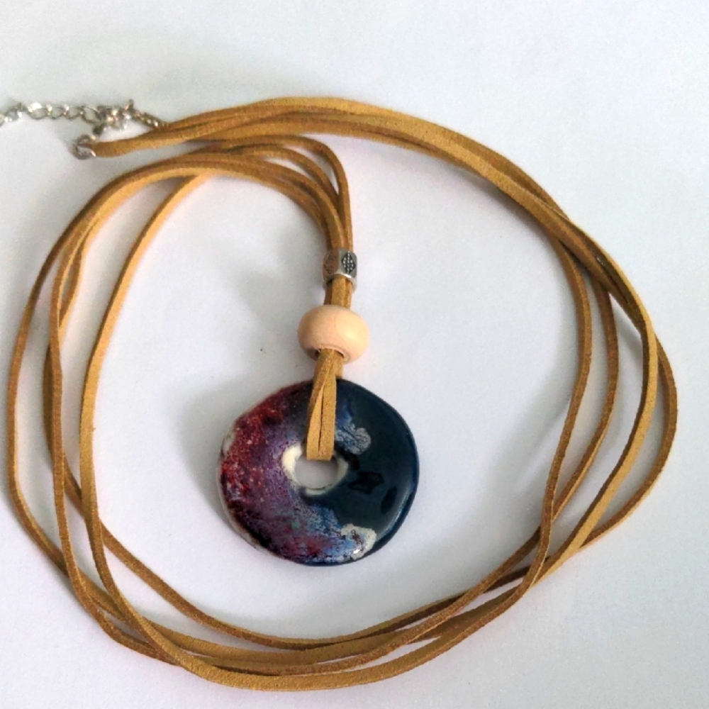 New Long Pendant Necklace, Handmade Pottery Donut, 38"+2" Two Suede Cords, Boho